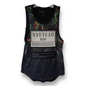 Five by Five Black Muscle Tank, Nouveau Riche Applique on Tropical Knit front